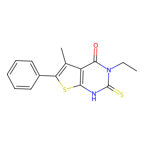 3-ethyl-5-methyl-6-phenyl-2-sulfanyl-3H,4H-thieno[2,3-d]pyrimidin-4-one structure