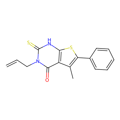 5-methyl-6-phenyl-3-(prop-2-en-1-yl)-2-sulfanyl-3H,4H-thieno[2,3-d]pyrimidin-4-one structure