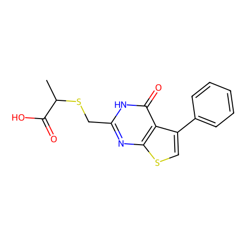 2-[({4-oxo-5-phenyl-3H,4H-thieno[2,3-d]pyrimidin-2-yl}methyl)sulfanyl]propanoic acid structure