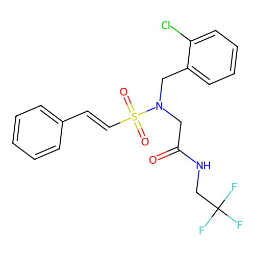 2-[(2-chlorophenyl)methyl-(2-phenylethenylsulfonyl)amino]-N-(2,2,2-trifluoroethyl)acetamide structure