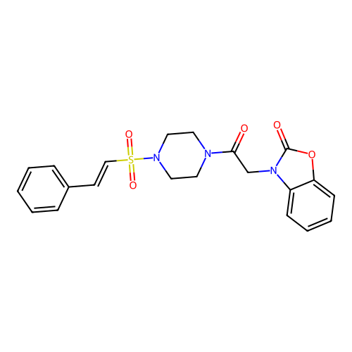 3-[2-oxo-2-[4-(2-phenylethenylsulfonyl)piperazin-1-yl]ethyl]benzooxazol-2-one structure