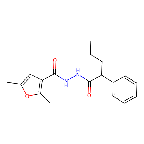 2,5-dimethyl-N'-(2-phenylpentanoyl)furan-3-carbohydrazide structure