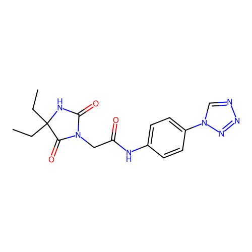 2-(4,4-diethyl-2,5-dioxoimidazolidin-1-yl)-N-[4-(tetrazol-1-yl)phenyl]acetamide structure