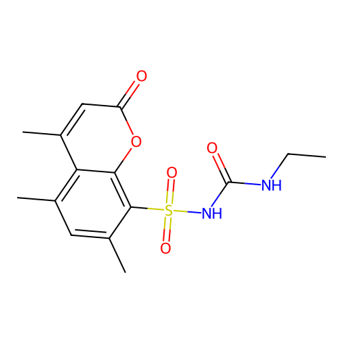 2H-1-Benzopyran-8-sulfonamide, N-((ethylamino)carbonyl)-4,5,7-trimethyl-2-oxo- structure