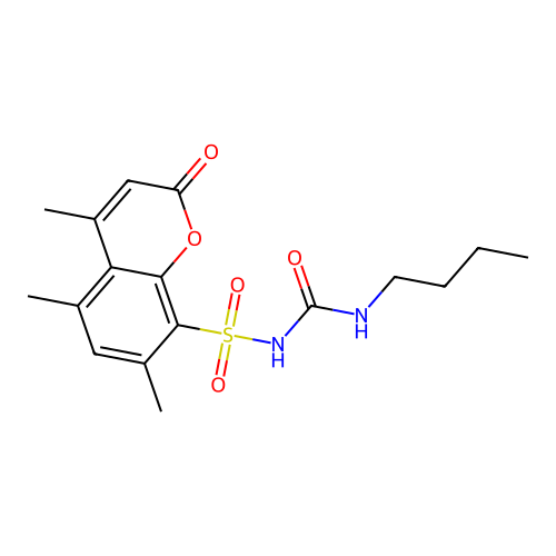 2H-1-Benzopyran-8-sulfonamide, N-((butylamino)carbonyl)-4,5,7-trimethyl-2-oxo- structure
