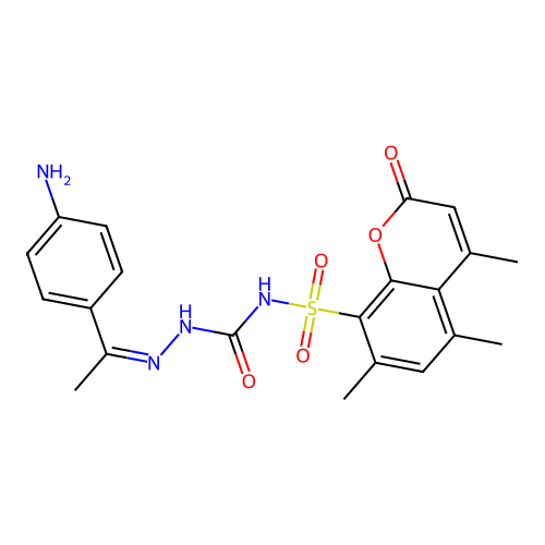 Hydrazinecarboxamide, 2-(1-(4-aminophenyl)ethylidene)-N-((4,5,7-trimethyl-2-oxo-2H-1-benzopyran-8-yl)sulfonyl)- structure