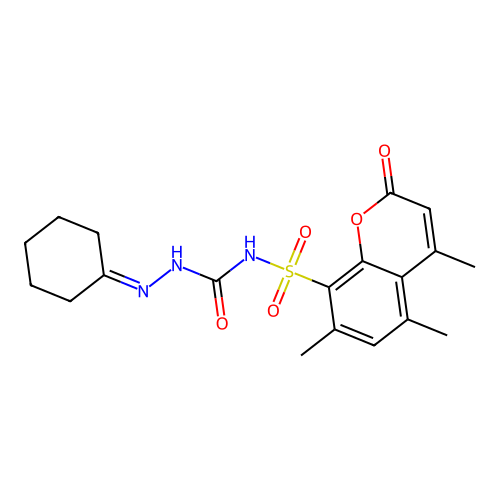 Hydrazinecarboxamide, 2-cyclohexylidene-N-((4,5,7-trimethyl-2-oxo-2H-1-benzopyran-8-yl)sulfonyl)- structure