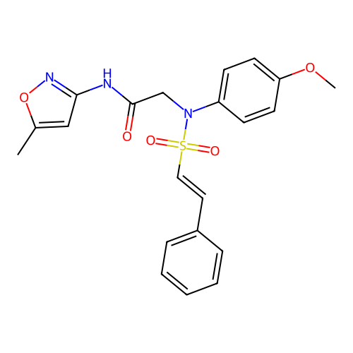 2-[(4-methoxyphenyl)-(2-phenylethenylsulfonyl)amino]-N-(5-methyl-1,2-oxazol-3-yl)acetamide structure