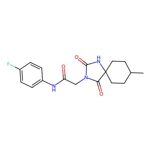 N-(4-fluorophenyl)-2-(8-methyl-2,4-dioxo-1,3-diazaspiro[4.5]decan-3-yl)acetamide structure