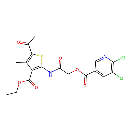 [2-[(5-acetyl-3-ethoxycarbonyl-4-methylthiophen-2-yl)amino]-2-oxoethyl] 5,6-dichloropyridine-3-carboxylate structure