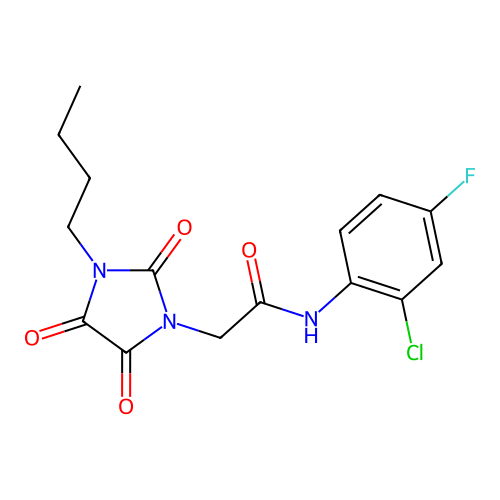 2-(3-butyl-2,4,5-trioxoimidazolidin-1-yl)-N-(2-chloro-4-fluorophenyl)acetamide structure