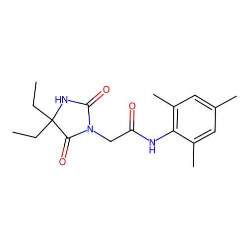 2-(4,4-diethyl-2,5-dioxoimidazolidin-1-yl)-N-(2,4,6-trimethylphenyl)acetamide structure