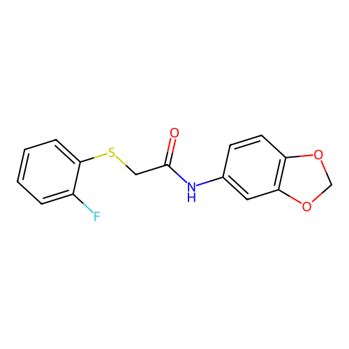 N-(1,3-benzodioxol-5-yl)-2-(2-fluorophenyl)sulfanylacetamide structure