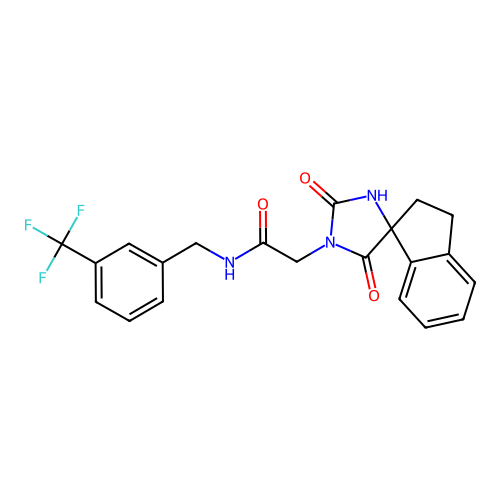 2-(2',5'-dioxospiro[1,2-dihydroindene-3,4'-imidazolidine]-1'-yl)-N-[[3-(trifluoromethyl)phenyl]methyl]acetamide structure