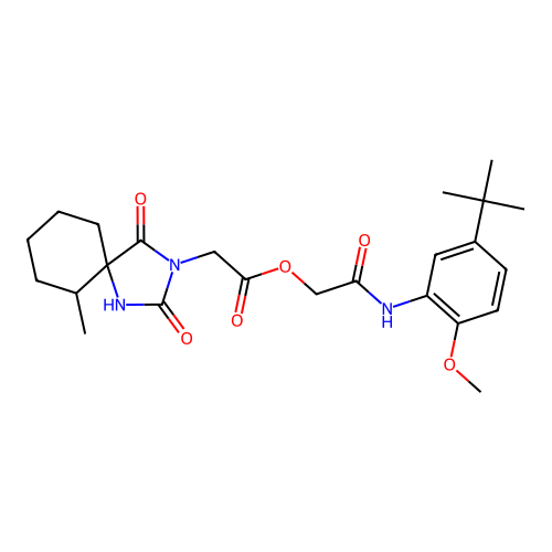 [2-(5-tert-butyl-2-methoxyanilino)-2-oxoethyl] 2-(6-methyl-2,4-dioxo-1,3-diazaspiro[4.5]decan-3-yl)acetate structure