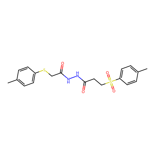 N'-[2-(4-methylphenyl)sulfanylacetyl]-3-(4-methylphenyl)sulfonylpropanehydrazide structure