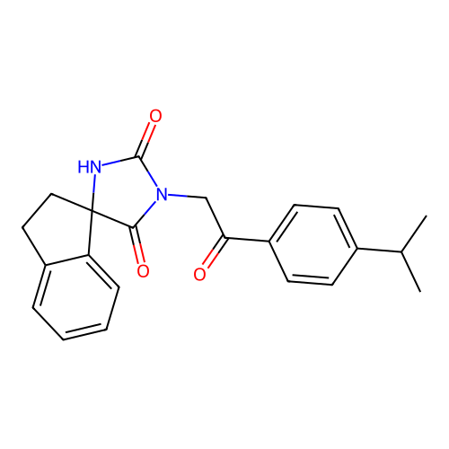 3'-[2-oxo-2-(4-propan-2-ylphenyl)ethyl]spiro[1,2-dihydroindene-3,5'-imidazolidine]-2',4'-dione structure