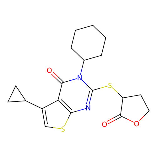 3-Cyclohexyl-5-cyclopropyl-2-((2-oxotetrahydrofuran-3-yl)thio)thieno[2,3-d]pyrimidin-4(3H)-one structure
