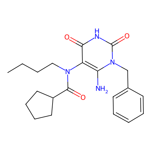 N-(6-amino-1-benzyl-2,4-dioxopyrimidin-5-yl)-N-butylcyclopentanecarboxamide structure