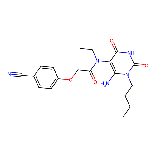 N-(6-amino-1-butyl-2,4-dioxopyrimidin-5-yl)-2-(4-cyanophenoxy)-N-ethylacetamide structure