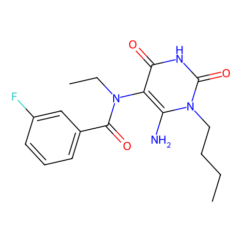 N-(6-amino-1-butyl-2,4-dioxopyrimidin-5-yl)-N-ethyl-3-fluorobenzamide structure