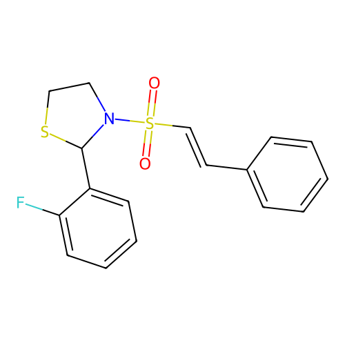 (E)-2-(2-fluorophenyl)-3-(styrylsulfonyl)thiazolidine structure