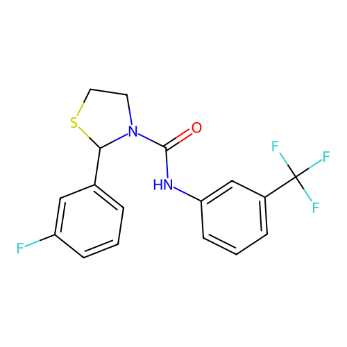 2-(3-fluorophenyl)-N-[3-(trifluoromethyl)phenyl]-1,3-thiazolidine-3-carboxamide structure