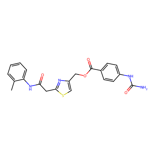 [2-[2-(2-methylanilino)-2-oxoethyl]-1,3-thiazol-4-yl]methyl 4-(carbamoylamino)benzoate structure