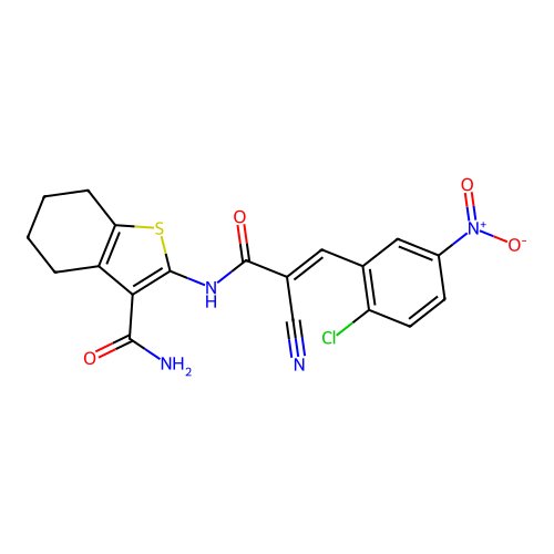 2-[[(E)-3-(2-chloro-5-nitrophenyl)-2-cyanoprop-2-enoyl]amino]-4,5,6,7-tetrahydro-1-benzothiophene-3-carboxamide structure
