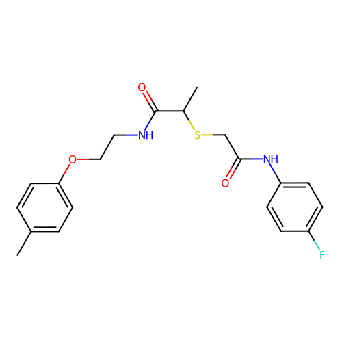 2-[2-(4-fluoroanilino)-2-oxoethyl]sulfanyl-N-[2-(4-methylphenoxy)ethyl]propanamide structure
