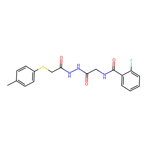 2-fluoro-N-[2-[2-[2-(4-methylphenyl)sulfanylacetyl]hydrazinyl]-2-oxoethyl]benzamide structure