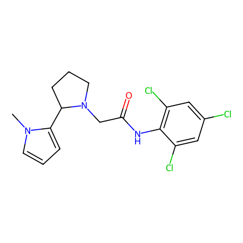 2-[2-(1-methylpyrrol-2-yl)pyrrolidin-1-yl]-N-(2,4,6-trichlorophenyl)acetamide structure