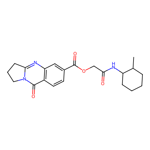 [2-[(2-methylcyclohexyl)amino]-2-oxoethyl] 9-oxo-2,3-dihydro-1H-pyrrolo[2,1-b]quinazoline-6-carboxylate structure
