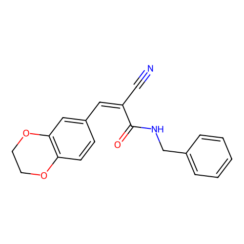 N-benzyl-2-cyano-3-(2,3-dihydro-1,4-benzodioxin-6-yl)prop-2-enamide structure