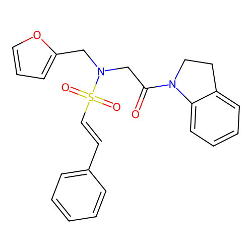 N-[2-(2,3-dihydroindol-1-yl)-2-oxo-ethyl]-N-(2-furylmethyl)-2-phenyl-ethenesulfonamide structure