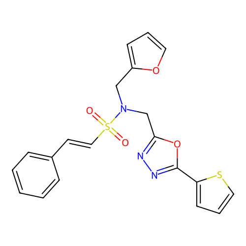 (E)-N-(furan-2-ylmethyl)-2-phenyl-N-[(5-thiophen-2-yl-1,3,4-oxadiazol-2-yl)methyl]ethenesulfonamide structure