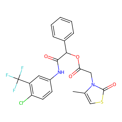 [2-[4-chloro-3-(trifluoromethyl)anilino]-2-oxo-1-phenylethyl] 2-(4-methyl-2-oxo-1,3-thiazol-3-yl)acetate structure