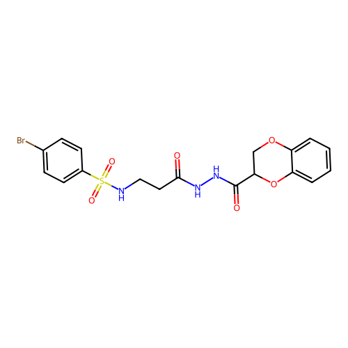 4-bromo-N-[3-[2-(2,3-dihydro-1,4-benzodioxine-3-carbonyl)hydrazinyl]-3-oxopropyl]benzenesulfonamide structure