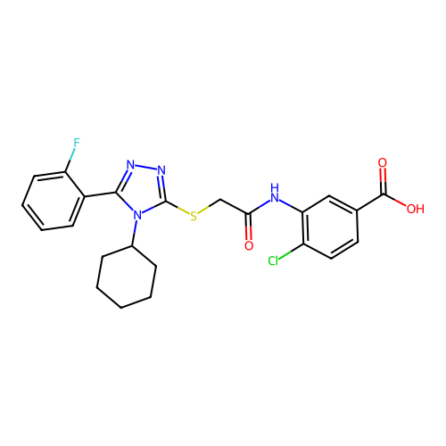 4-chloro-3-[[2-[[4-cyclohexyl-5-(2-fluorophenyl)-1,2,4-triazol-3-yl]sulfanyl]acetyl]amino]benzoic acid structure