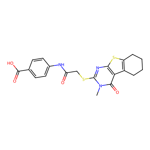4-[2-({4-methyl-3-oxo-8-thia-4,6-diazatricyclo[7.4.0.0^{2,7}]trideca-1(9),2(7),5-trien-5-yl}sulfanyl)acetamido]benzoic acid structure