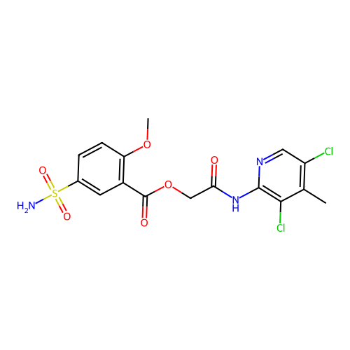 [2-[(3,5-dichloro-4-methylpyridin-2-yl)amino]-2-oxoethyl] 2-methoxy-5-sulfamoylbenzoate structure