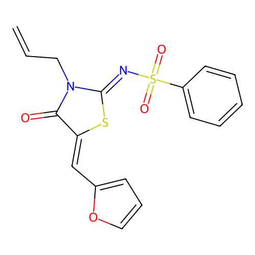 N-[(2E,5Z)-5-[(furan-2-yl)methylidene]-4-oxo-3-(prop-2-en-1-yl)-1,3-thiazolidin-2-ylidene]benzenesulfonamide structure