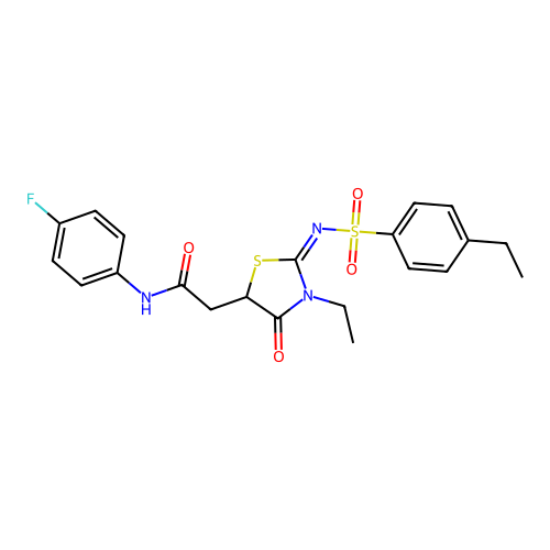 2-[3-ethyl-2-(4-ethylphenyl)sulfonylimino-4-oxo-1,3-thiazolidin-5-yl]-N-(4-fluorophenyl)acetamide structure