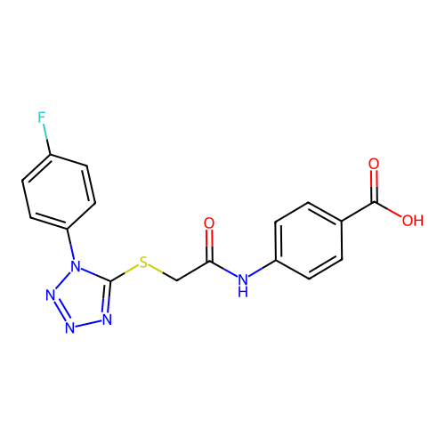 4-(2-((1-(4-fluorophenyl)-1H-tetrazol-5-yl)thio)acetamido)benzoic acid structure