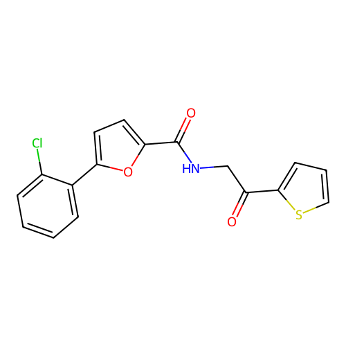 5-(2-chlorophenyl)-N-(2-oxo-2-thiophen-2-ylethyl)furan-2-carboxamide structure
