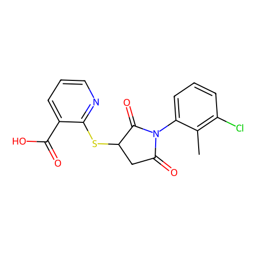 2-((1-(3-Chloro-2-methylphenyl)-2,5-dioxopyrrolidin-3-yl)thio)nicotinic acid structure