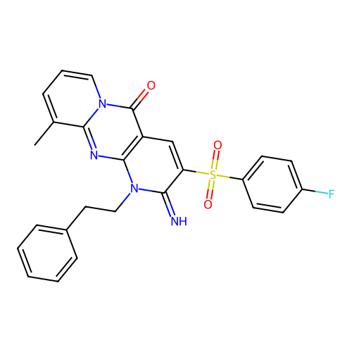 5-(4-fluorobenzenesulfonyl)-6-imino-11-methyl-7-(2-phenylethyl)-1,7,9-triazatricyclo[8.4.0.0^{3,8}]tetradeca-3(8),4,9,11,13-pentaen-2-one structure
