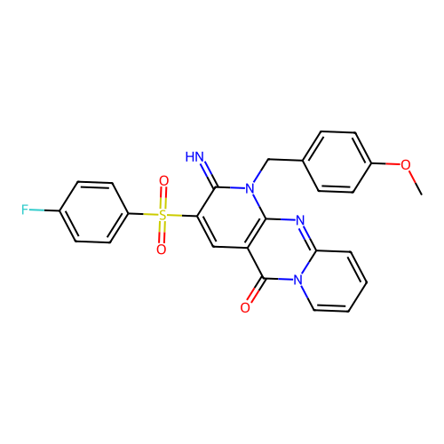 3-[(4-fluorophenyl)sulfonyl]-2-imino-1-[(4-methoxyphenyl)methyl]-1,6-dihydropy ridino[1,2-a]pyridino[2,3-d]pyrimidin-5-one structure