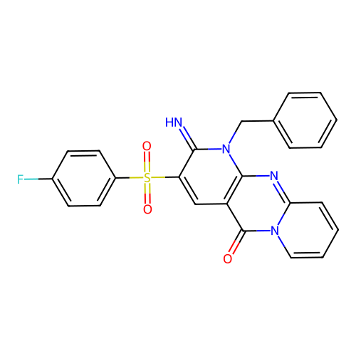 3-[(4-fluorophenyl)sulfonyl]-2-imino-1-benzyl-1,6-dihydropyridino[1,2-a]pyridi no[2,3-d]pyrimidin-5-one structure