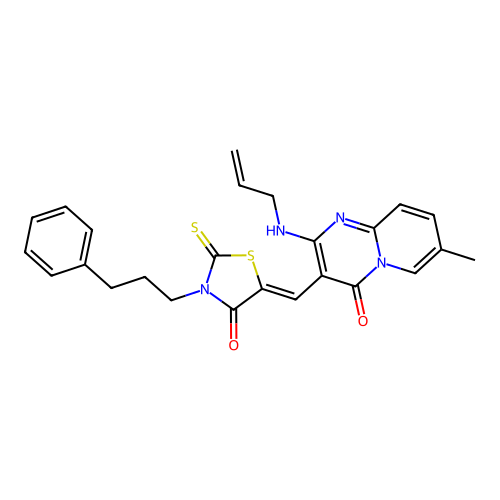 7-methyl-3-{(Z)-[4-oxo-3-(3-phenylpropyl)-2-thioxo-1,3-thiazolidin-5-ylidene]methyl}-2-(prop-2-en-1-ylamino)-4H-pyrido[1,2-a]pyrimidin-4-one structure